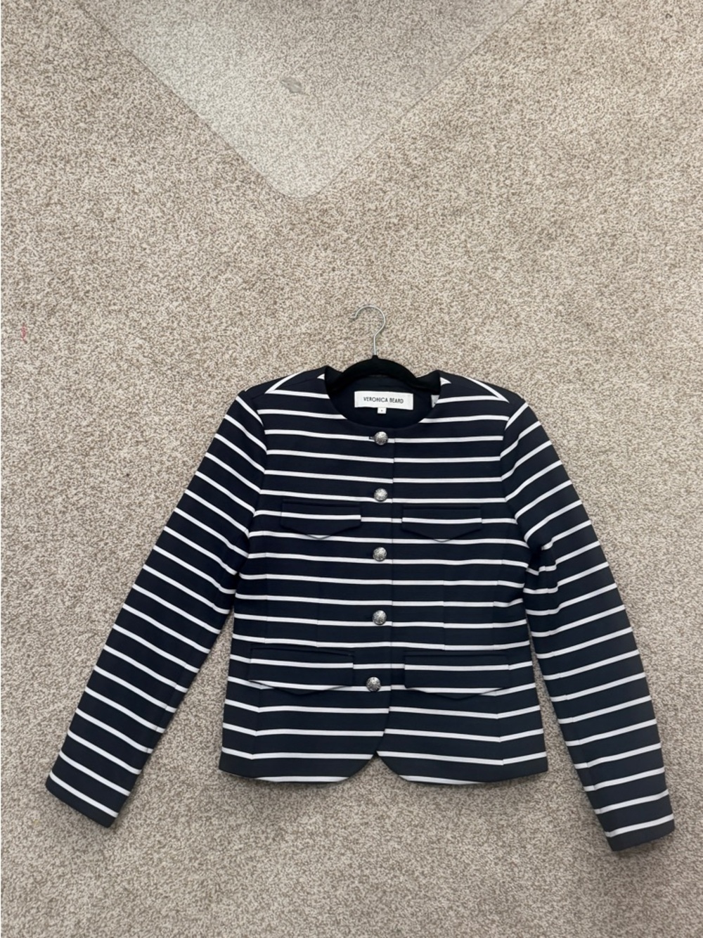 Veronica Beard Navy and White Striped Cropped Jacket with Silver Buttons